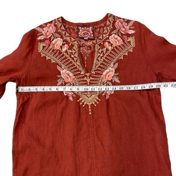 Johnny Was‎ Embroidered Linen Tunic Dress Medium Red Orange Floral Boho - Picture 3 of 10